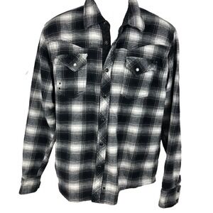 Micros‎ Shirt Men L Black Flannel Plaid Snap Custom Embroidery Western Logo